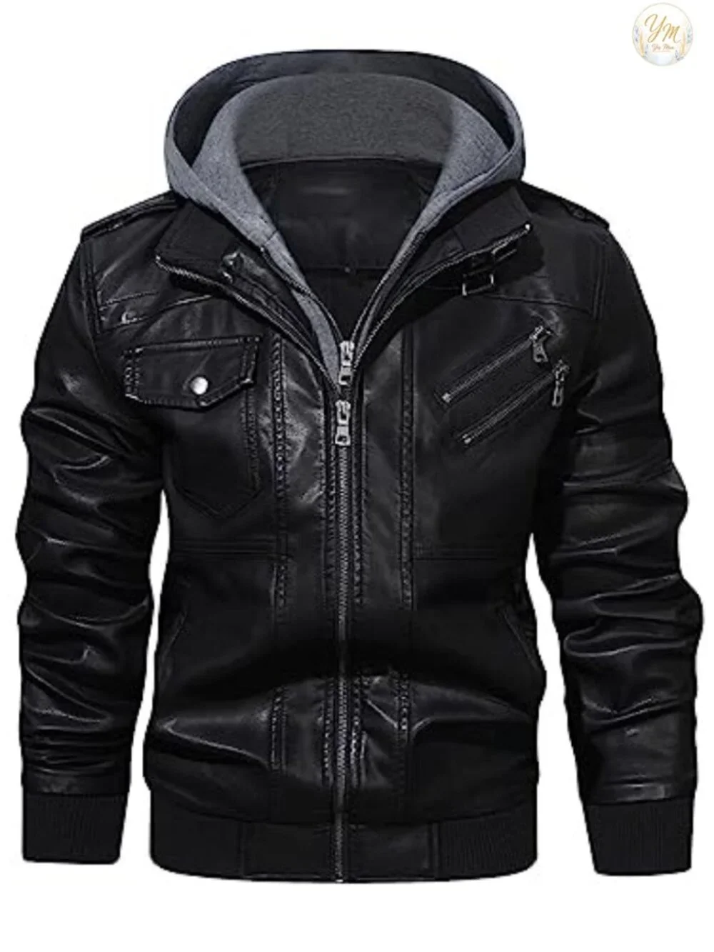 Men's Faux Leather Zip-Up Motorcycle Bomber Jacket Removable Hood
